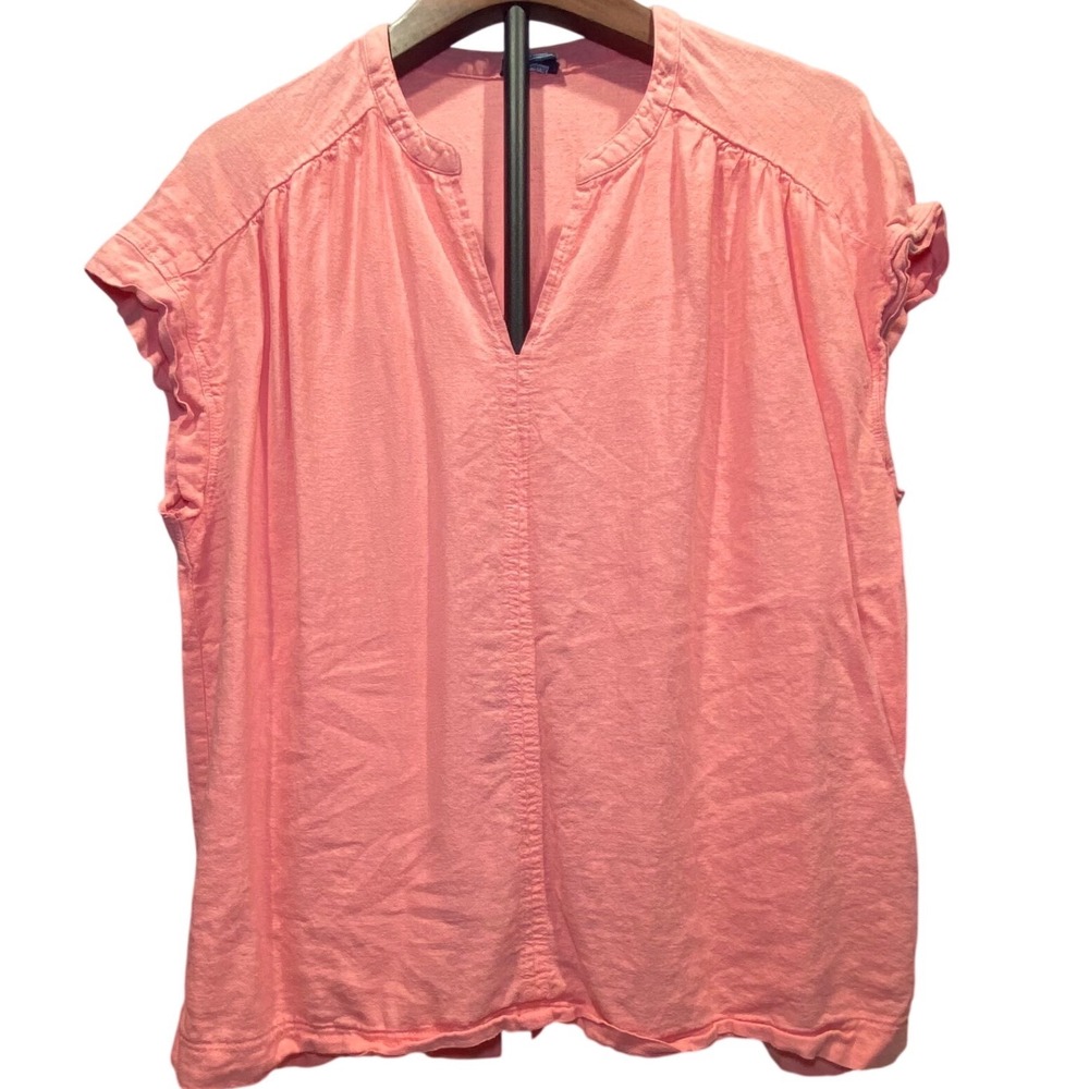 Womens XXL Coral Pink Linen Blend Split V-Neck Cap Sleeve Blouse Vacation Casual